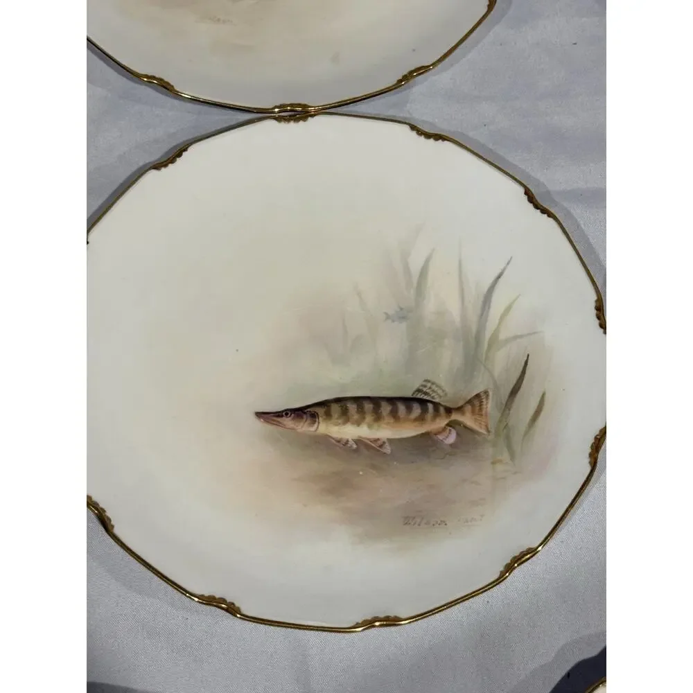Royal Doulton Pountney Bros Bristol Hand Painted Fish Plates Set 8 Artist Signed